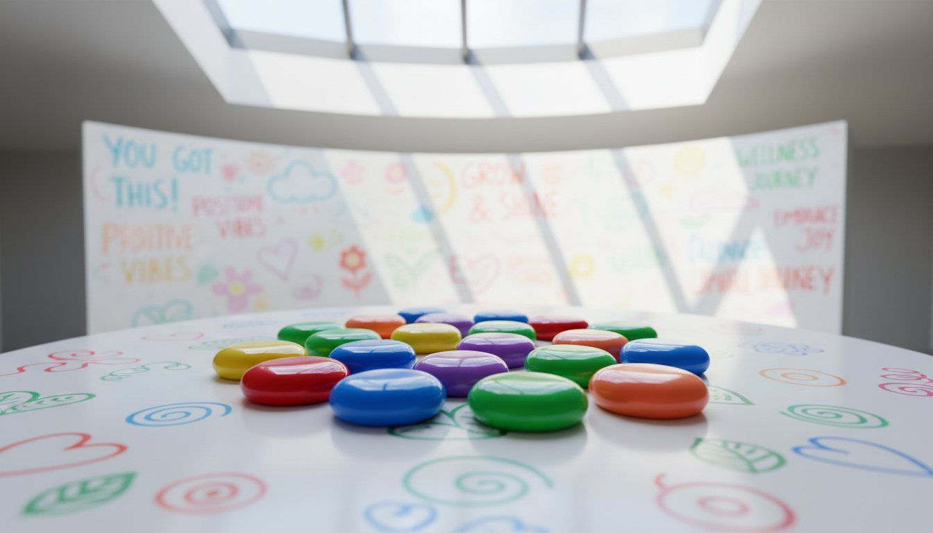 A collection of vibrant, rounded, and glossy tokens in assorted bright colors, resembling polished river stones, clustered energetically on a smooth circular table adorned with playful doodles of hearts, leaves, and abstract shapes. The tokens are set against a backdrop of a whimsical, curved whiteboard filled with uplifting hand-drawn messages and pastel doodles. Sunlight pours in from a skylight above, casting soft, natural highlights and gentle shadow play on the tokens to create depth. The mood is lively, encouraging, and joyful, engineered to spark curiosity and engagement. Shot from an elevated perspective with a sharp focus on the tokens in the foreground and a soft bokeh effect in the background, the composition feels dynamic and open. The style is distinctly photographic and playful, using energetic layout and saturated, cheerful colors to embody the site’s mission of integrative positive health.