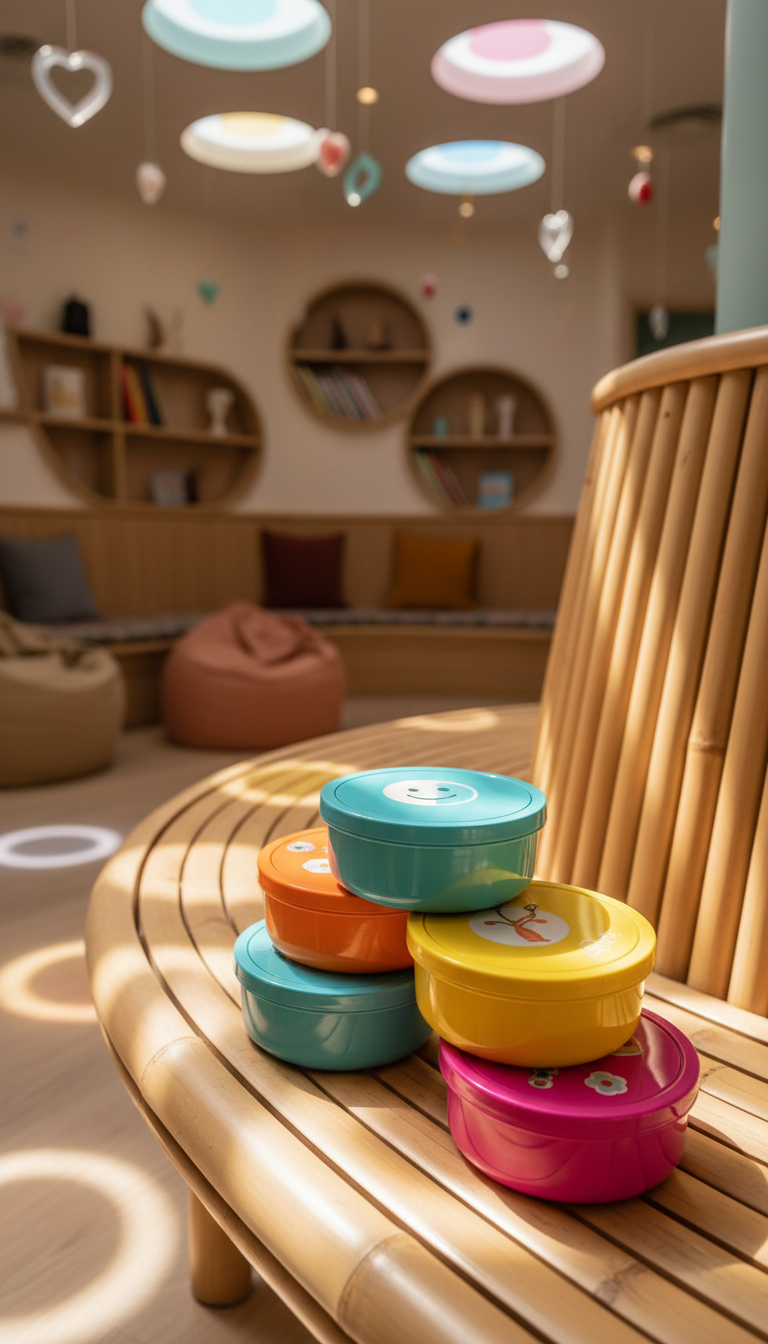 A cluster of round, lightweight workshop kits with glossy, multi-colored lids, each adorned with playful icons like smiling faces, stretching figures, and blooming flowers, stacked neatly on a sunlit, curved bamboo bench. The background is a whimsical reading nook with circular alcoves, large plush beanbags, and decorative mobiles of floating hearts and abstract wellness symbols. Bright, indirect daylight streams in through rounded skylights, creating dappled, colorful reflections on the bench and kits. The overall mood is creative and supportive, inviting exploration and hands-on learning. Photographed at eye-level with a strong foreground focus and a soft, inviting blur on the vibrant background, the composition is both playful and organized, with photographic realism and bright, cheerful hues to evoke curiosity and the spirit of ongoing self-development.