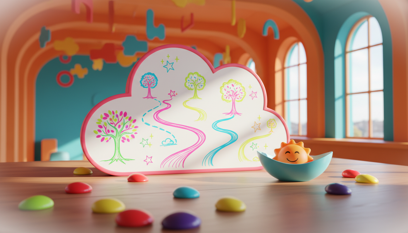 A vibrant table-top coaching scene featuring a glossy whiteboard in the shape of a rounded cloud, its surface covered in playful, neon marker diagrams and doodles of trees, paths, and stars, each representing personal growth. The table is scattered with smooth, pebble-like tokens in bold, cheerful colors, and a curved ceramic dish holding a whimsical, rubber-ball stress toy shaped like a smiling sun. The environment is a brightly colored, window-lit studio with curving walls in vivid orange and teal, enlivened by abstract cut-out shapes suspended from the ceiling. Soft midday sunlight beams through high arched windows, producing crisp highlights and casting gentle, playful patterns on the surfaces. The mood is uplifting and energizing, captured from a slightly elevated angle that draws focus to the whiteboard and tokens in sharp detail, with a subtle vignette. Photographic realism, rounded forms, and energetic composition echo the community’s playful commitment to well-being.